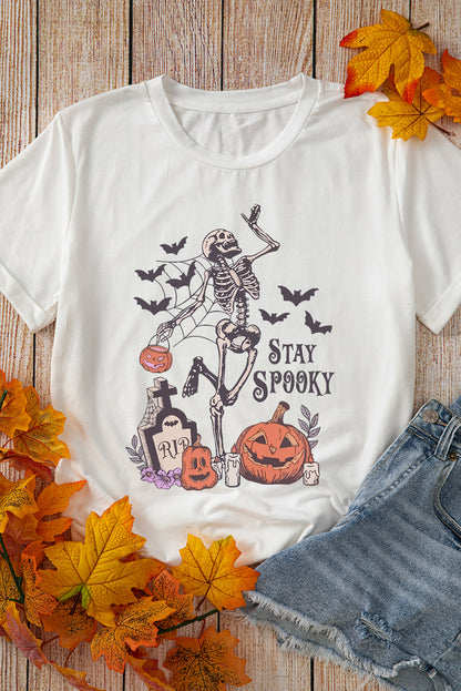 Skull Pumpkin Face Stay Spooky Graphic Halloween T Shirt | White