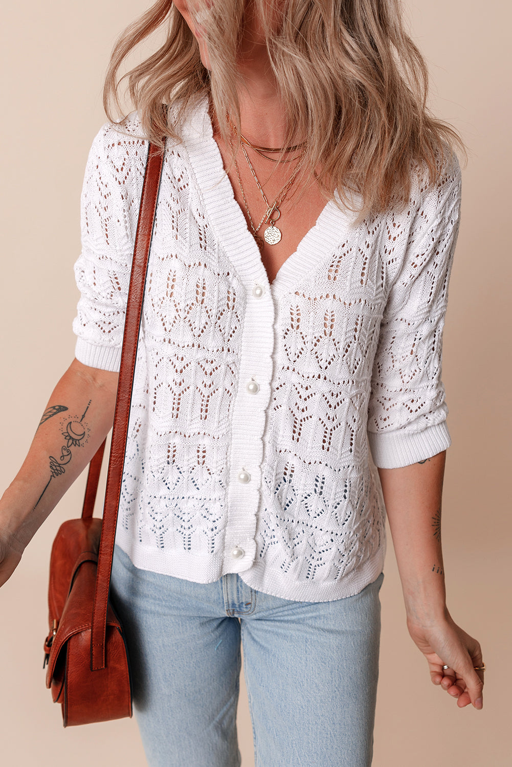 Frenchy Hollow Out Knitted V Neck Cardigan | White