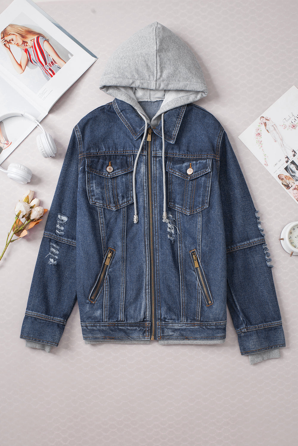 Fake Two-Piece Hooded Zip-Up Denim Jacket | Dark Blue