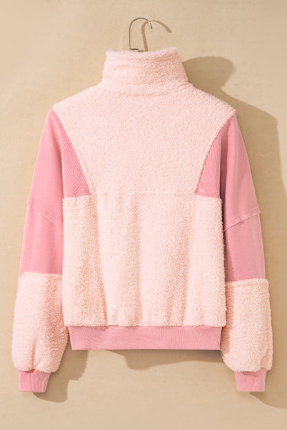 Exposed Seam Fuzzy Patchwork Zip Neck Sweatshirt | Pink