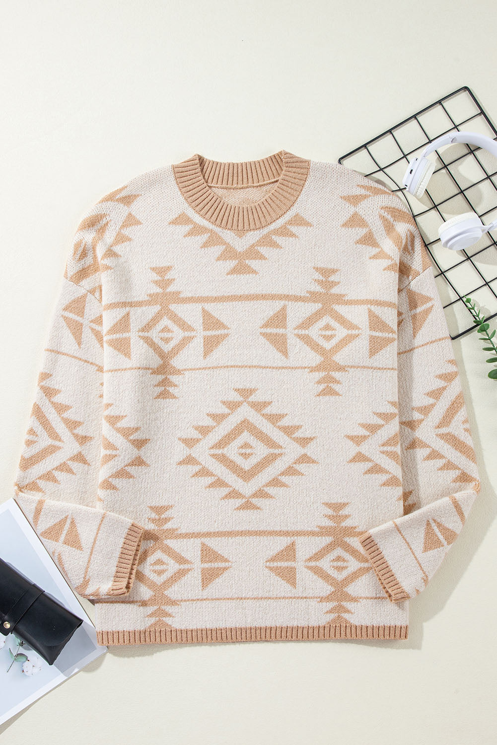 Plus Size Western Aztec Print Loose Sweater | Apricot