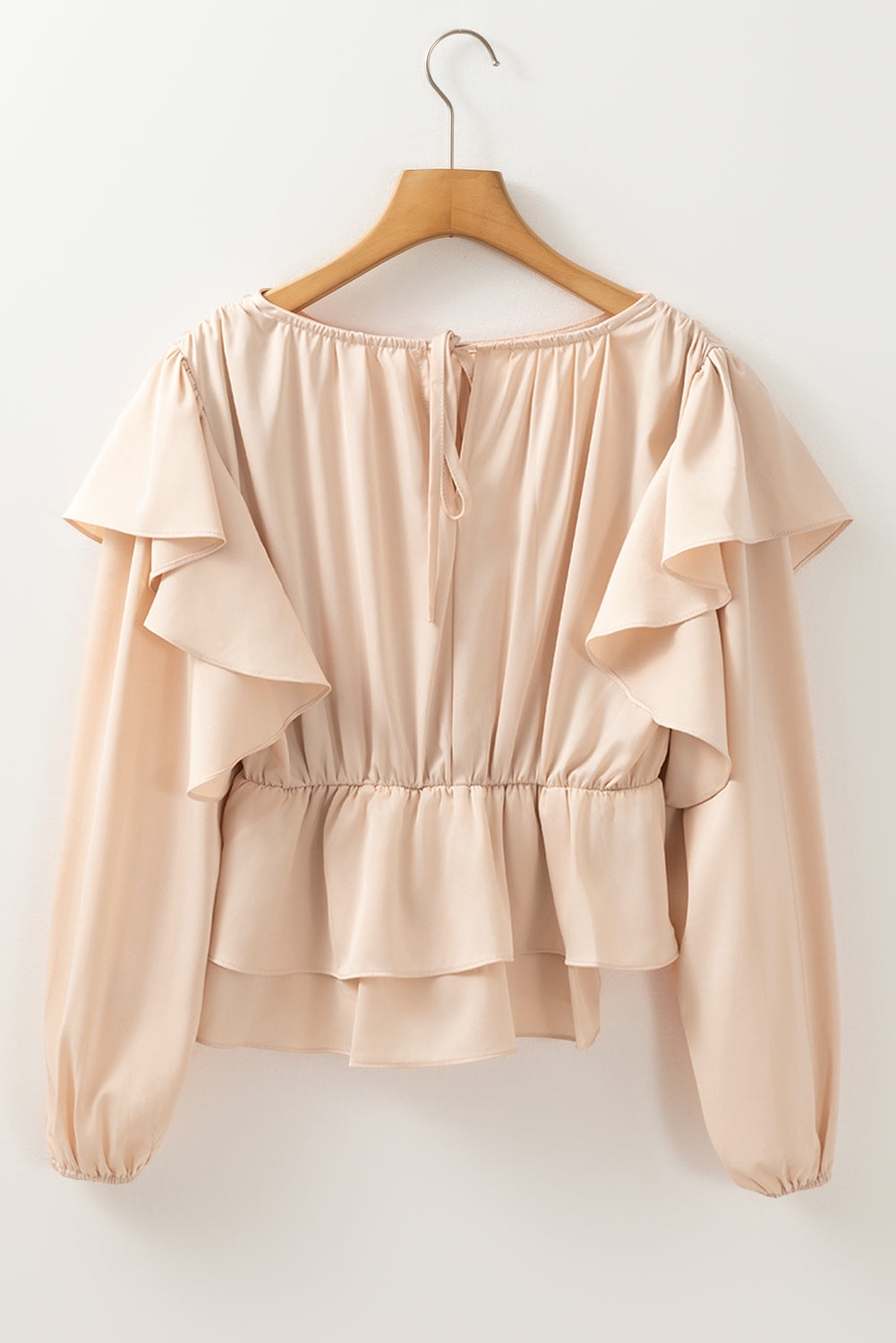 Lace-Up Keyhole Back Ruffled Peplum Blouse | Oatmeal