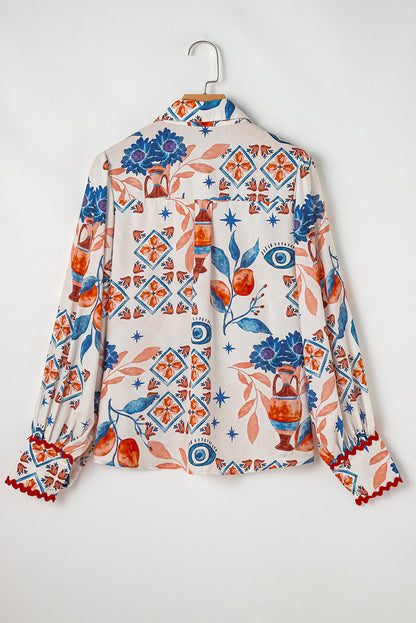 Western Printed Ric Rac Bishop Sleeve Button Up Shirt | Multicolour