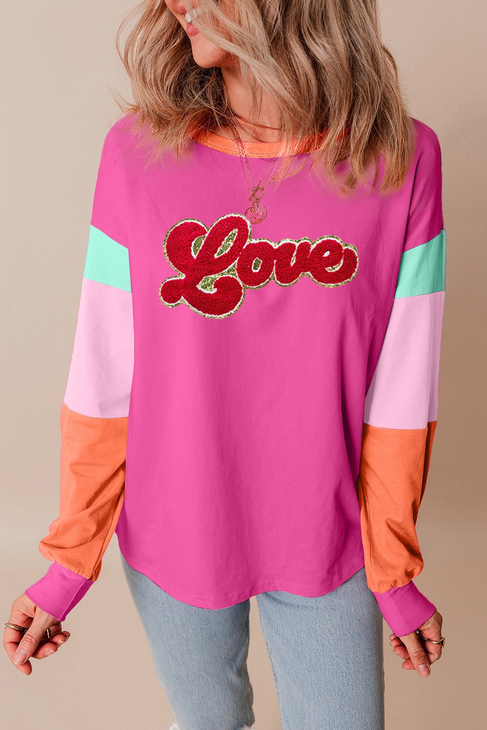 Chenille Love Patched Colourblock Long Sleeve Crewneck Top | Rose Red