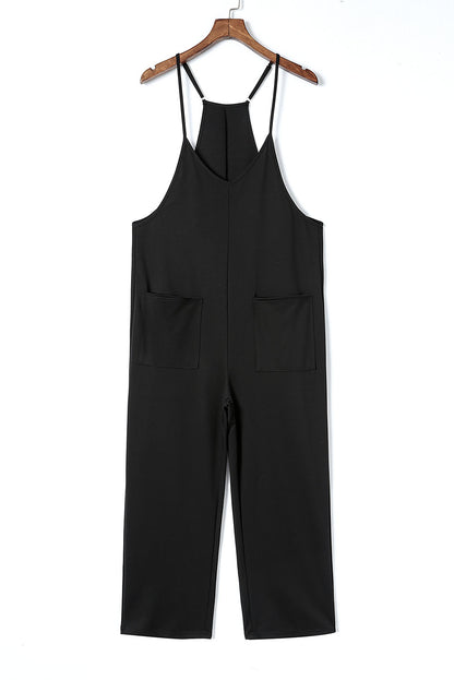 Pocketed Adjustable Spaghetti Strap Straight Leg Jumpsuit | Black