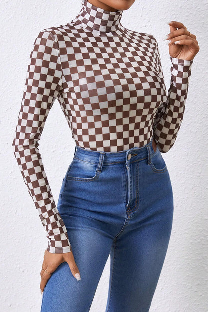 Checkered Printed Long Sleeve High Neck Bodysuit | Brown