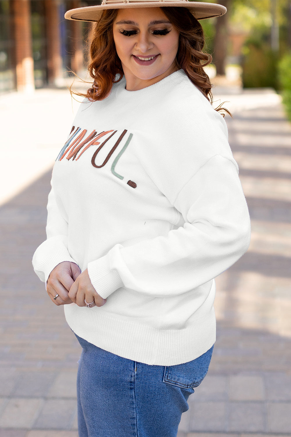 Plus Size Thankful Ivory Embroidered Sweater | White