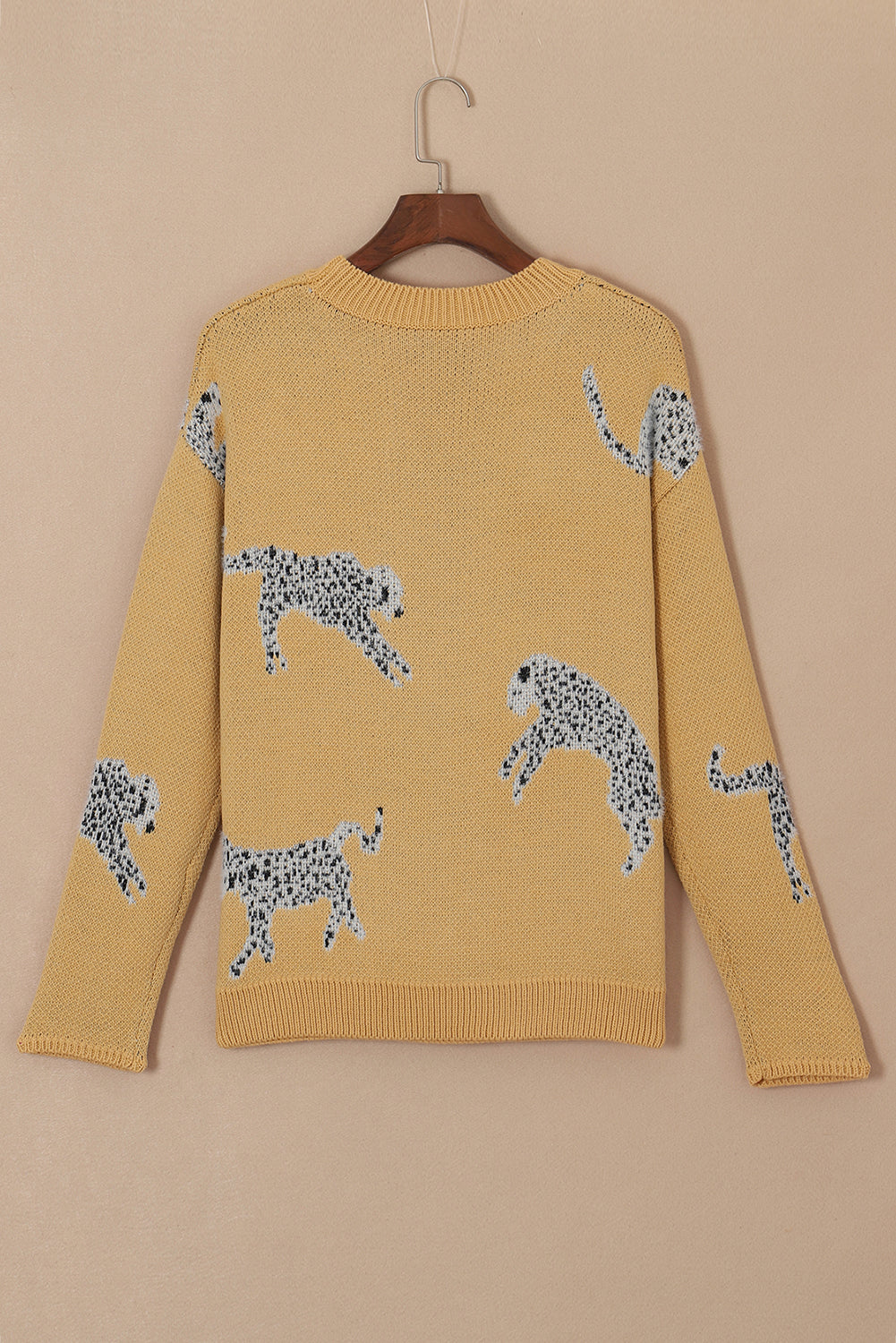 Fuzzy Cheetah Accent Round Neck Sweater | Camel