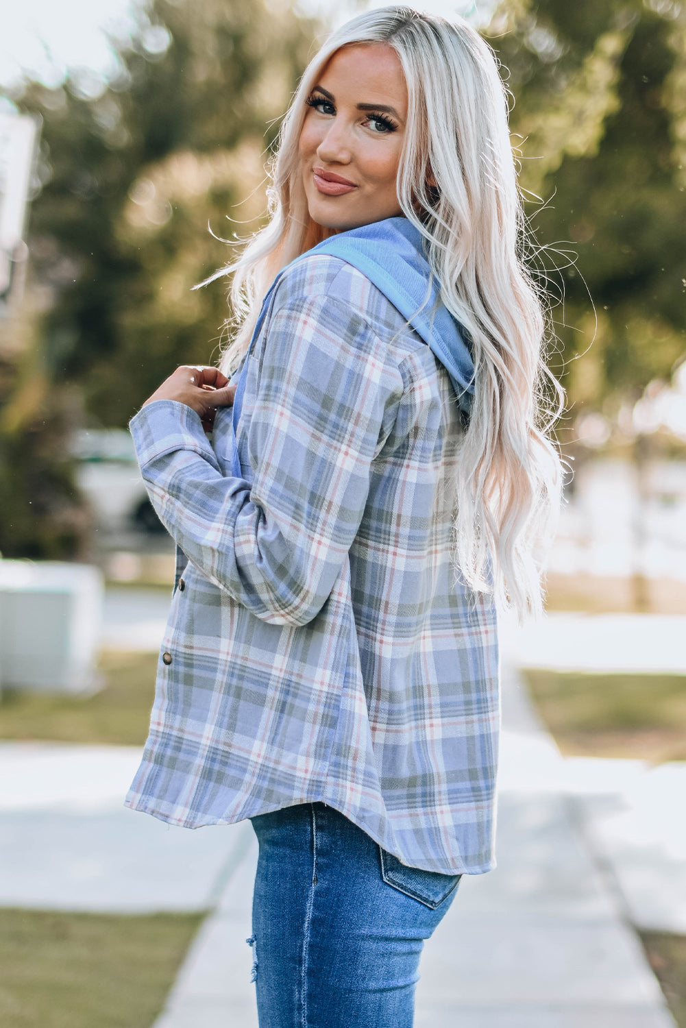 Plaid Print Pocket Drawstring Hooded Jacket | Sky Blue