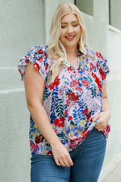 Fiery Red Plus Floral Print Ruffle Cap Sleeve V Neck Blouse