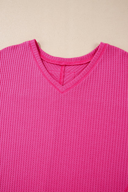 Waffle V Neck Long Sleeve Drop Shoulder Loose Blouse | Bright Pink