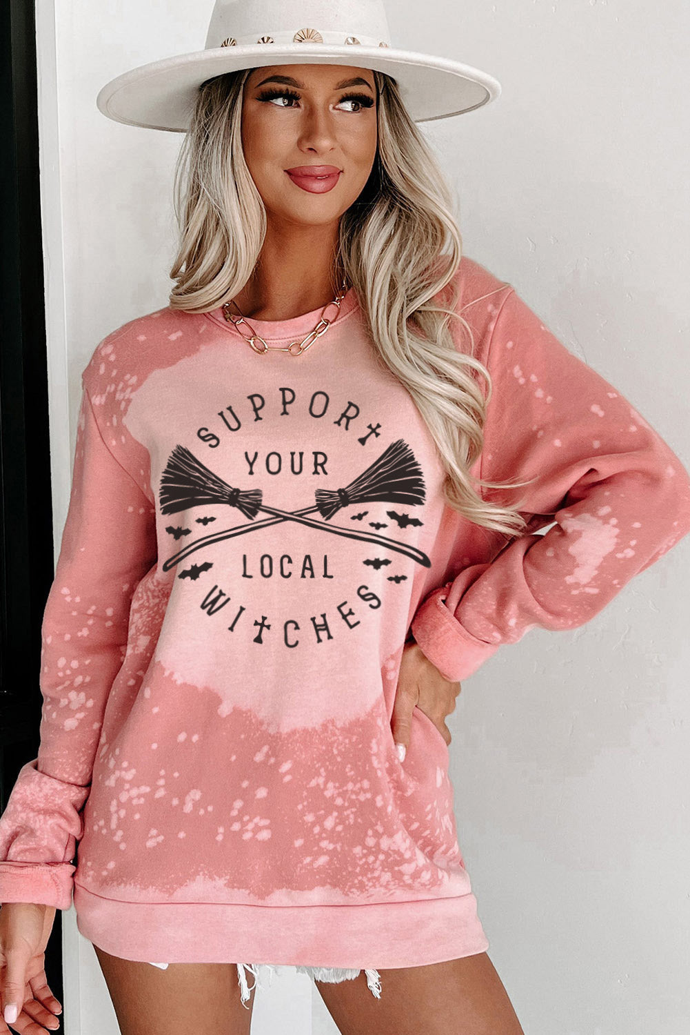 Halloween Pattern Bleached Crewneck Sweatshirt | Pink