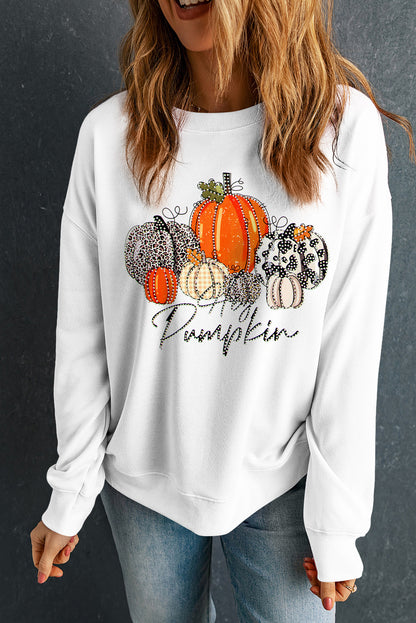 Rhinestone Pumpkin Graphic Crewneck Thanksgiving Sweatshirt | Beige