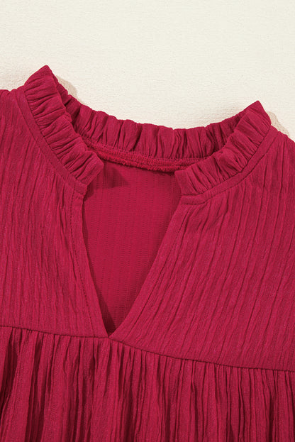 Textured Ruffled Trim V Neck Loose Fit Mini Dress | Fiery Red