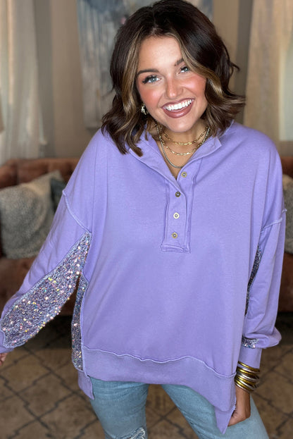 Sequin Patchwork High Low Hem Henley Sweatshirt | Lilac