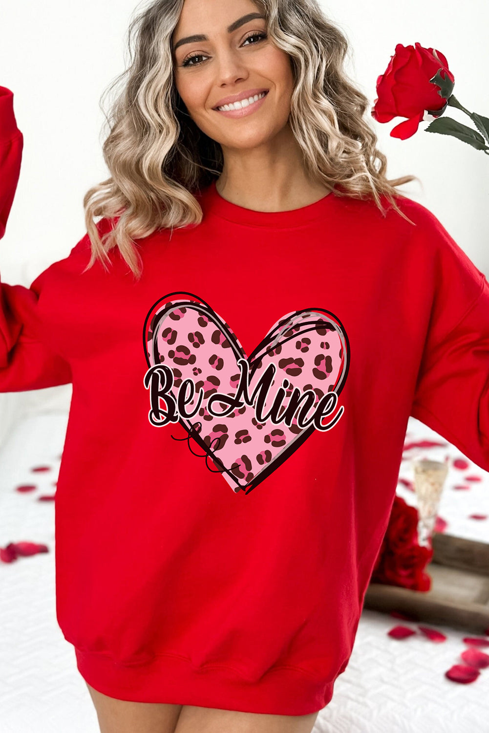 Be Mine Leopard Heart Printed Valentines Sweatshirt | Red