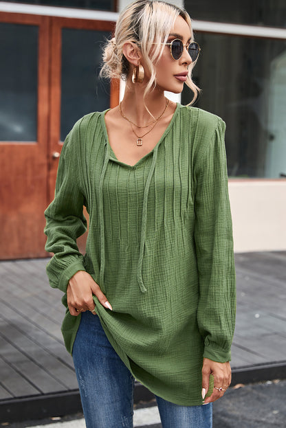 Casual Pleated V Neck Textured Loose Top | Green