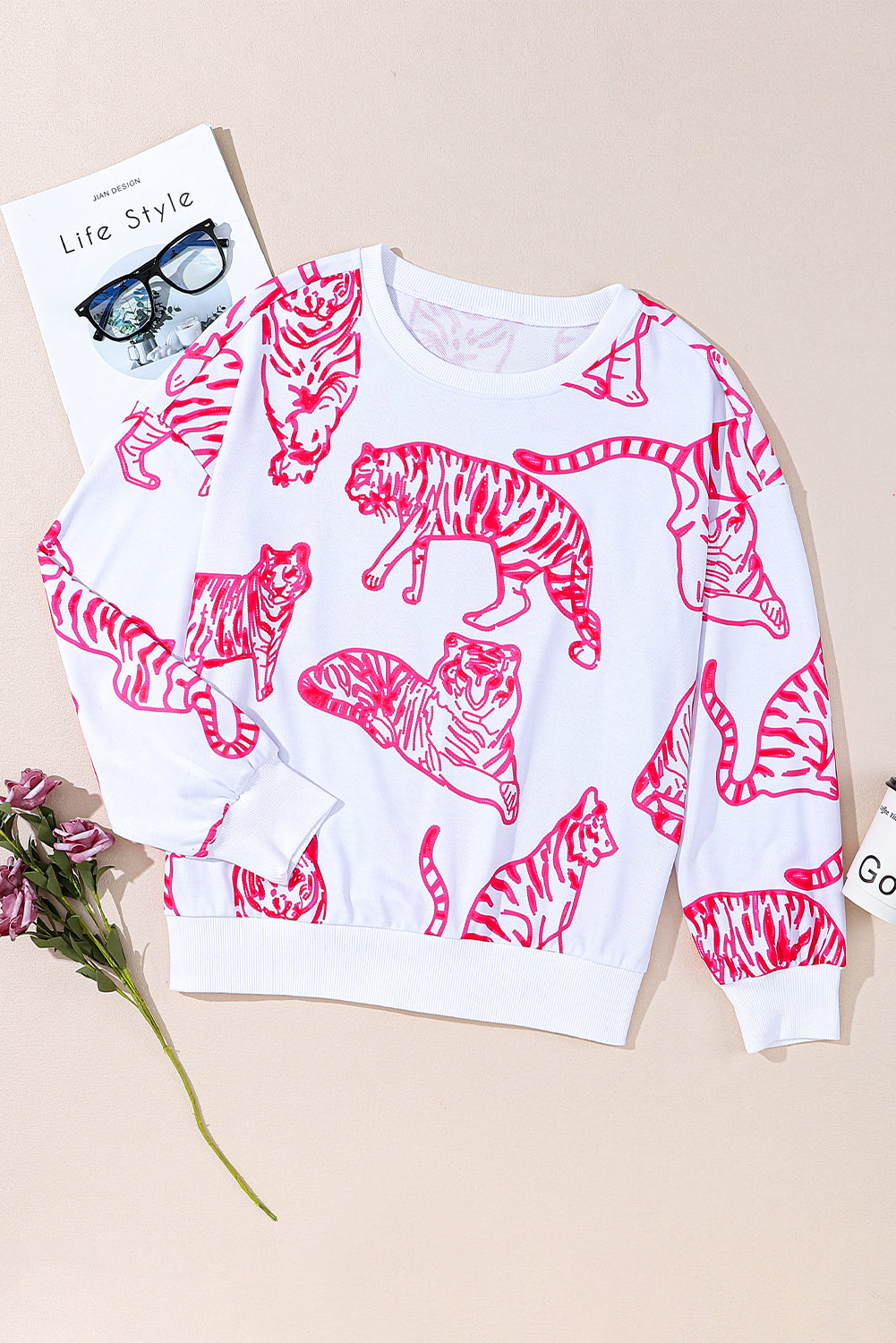 Pink Animal Print Pullover Sweatshirt | Bright White