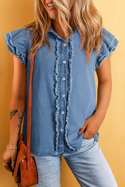 Button Front Ruffled Flutter Frayed Denim Top | Ashleigh Blue