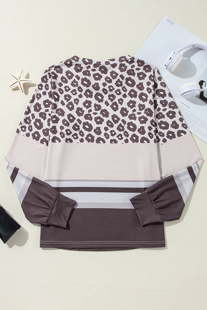 Leopard Colour Block Crewneck Long Sleeve Top | Brown