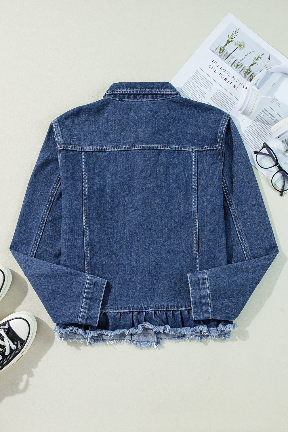 Ruffle Raw Hem Flap Pockets Denim Jacket | Navy Blue