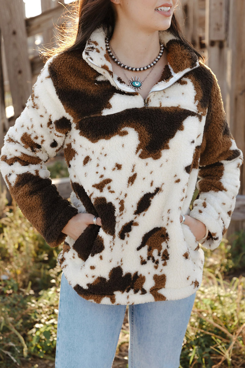 Zip Collar Cow Print Fleece Sweatshirt