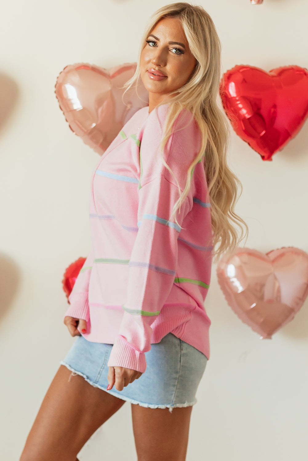 Rainbow Stripes Drop Shoulder Baggy Henley Sweater | Pink