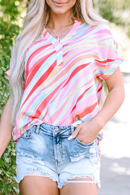 Abstract Print High Low Short Sleeve Blouse | Multicolour