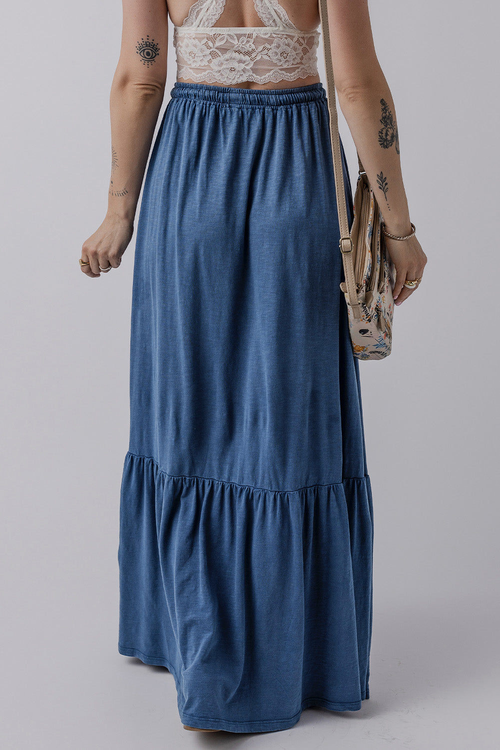 Solid Colour Lace Up High Waist Tiered Maxi Skirt | Sail Blue