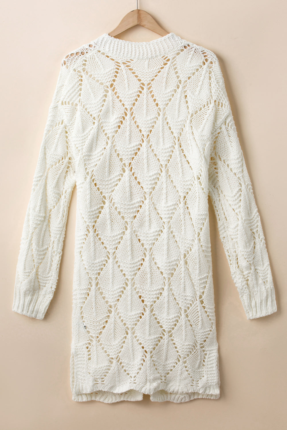 Rhombus Hollowed Knit Open Front Cardigan | White