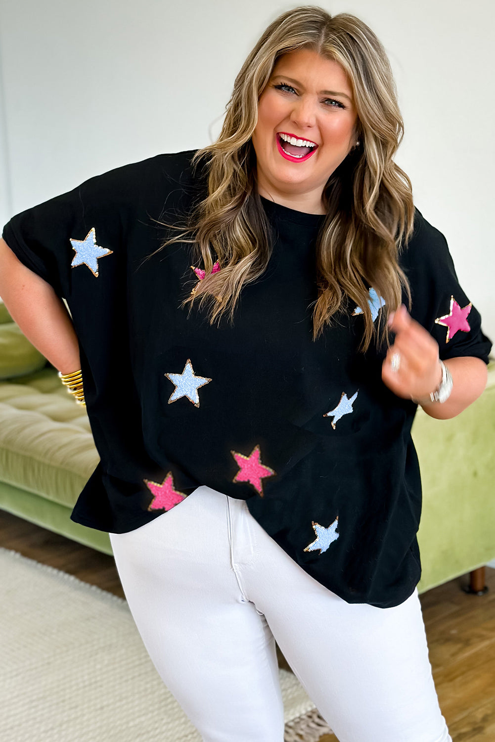 Sequin Chenille Star Pattern Plus Size Tee | Black