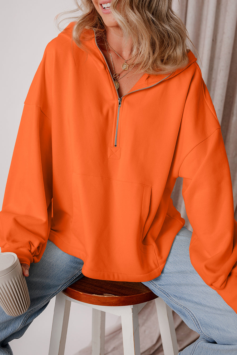 Fleece Lined Half Zipper Kangaroo Pockets Loose Hoodie | Orange