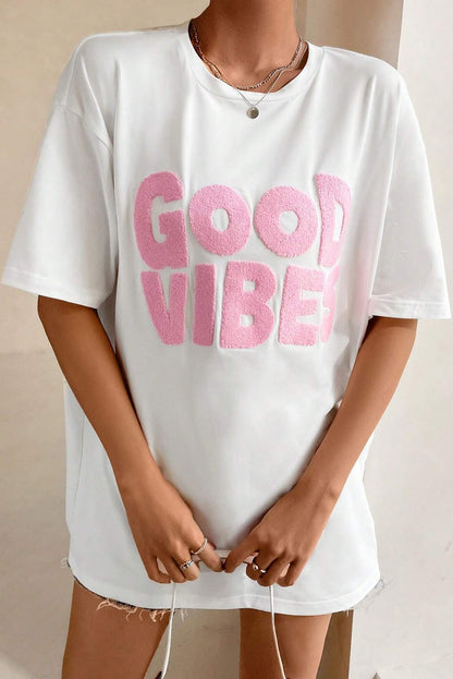 Good Vibes Chenille Embroidered Crewneck T Shirt | White