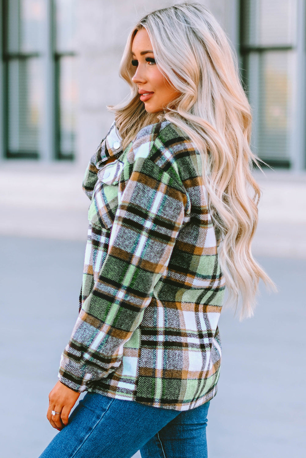 Geometric Plaid Print Pocketed Shacket | Green