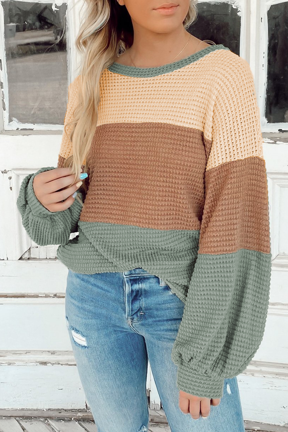 Textured Colour Block Bubble Sleeve Baggy Top | Green Stripe