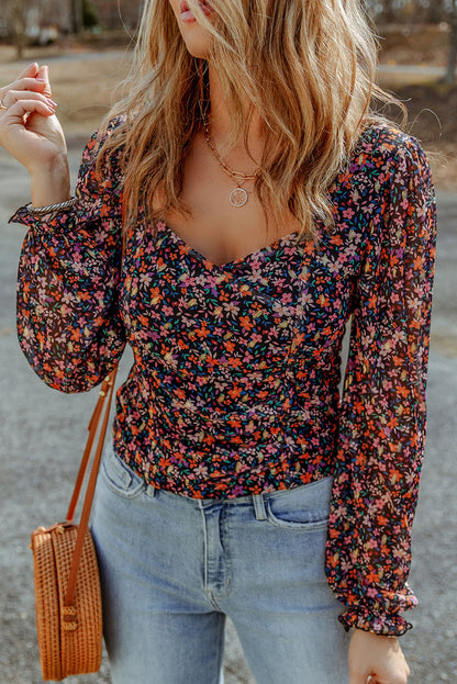 V Neck Bubble Sleeve Floral Blouse | Black