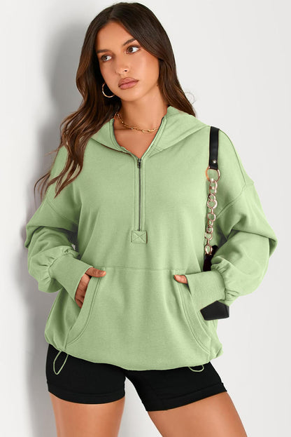 Solid Kangaroo Pocket Half Zipper Oversized Hoodie | Smoke Green