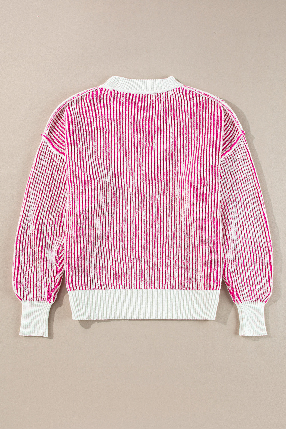 Striped Textured Knit Contrast Edge Loose Sweater | Bright Pink