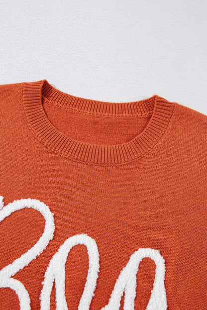 Boo Knitted Pattern Ribbed Edge Drop Shoulder Sweater | Orange