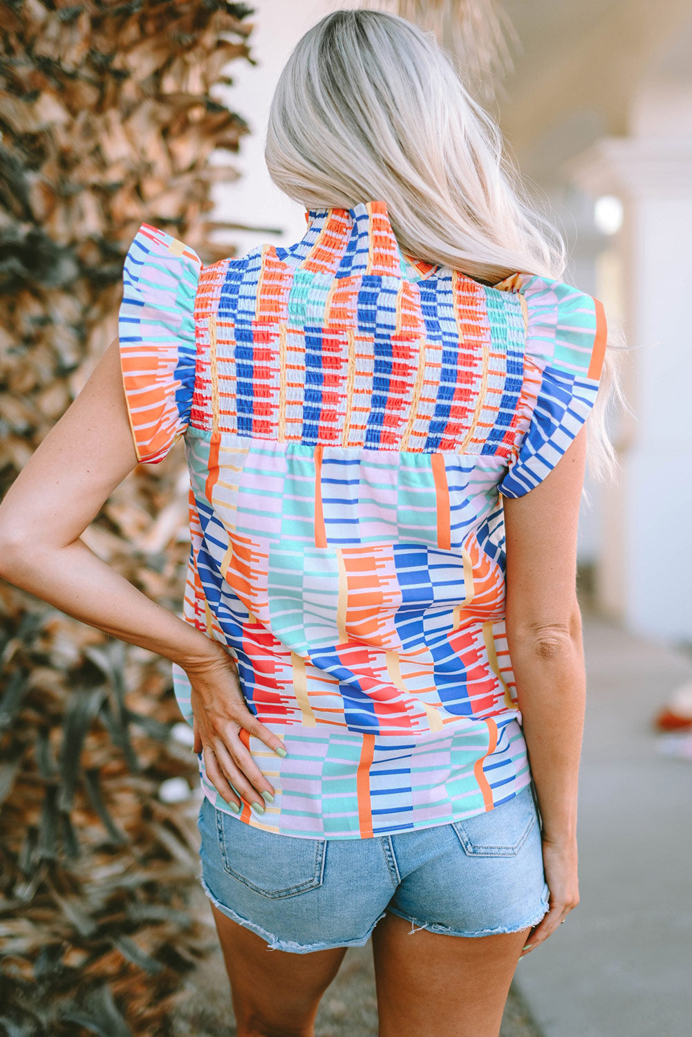 Striped Print High Neck Flutter Top | Multicolour