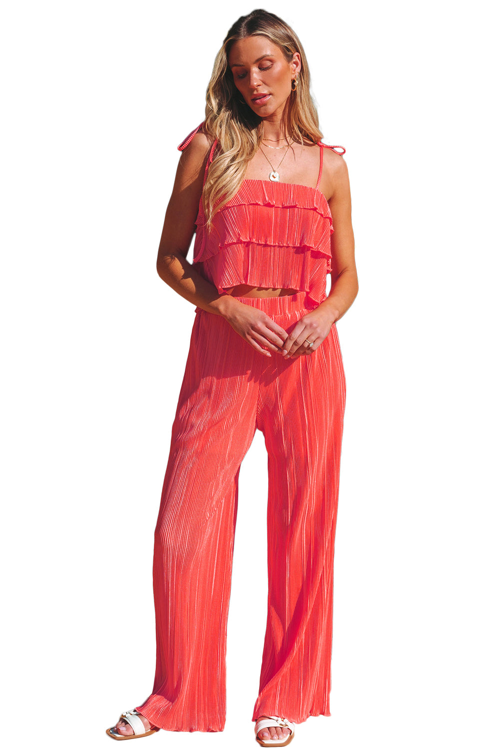 Ruffle Tiered Cami Pleated Wide Leg Pants Set | Pale Chestnut