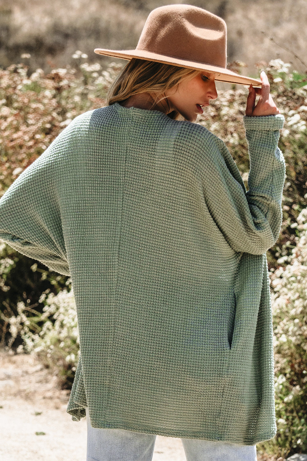 Waffle Knit Open Front Cardigan | Laurel Green