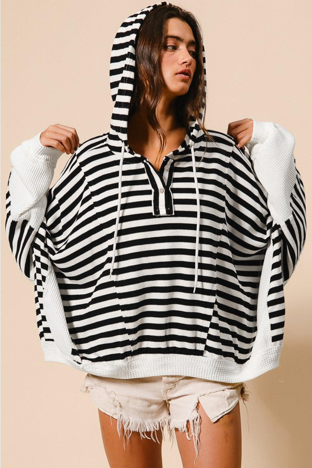 Black White Oversized Striped Henley Buttons Dolman Sleeve Hooded Top | Black white