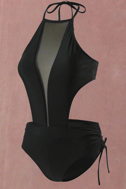 Mesh Cutout Ruched Drawstring Monokini Swimsuit | Black