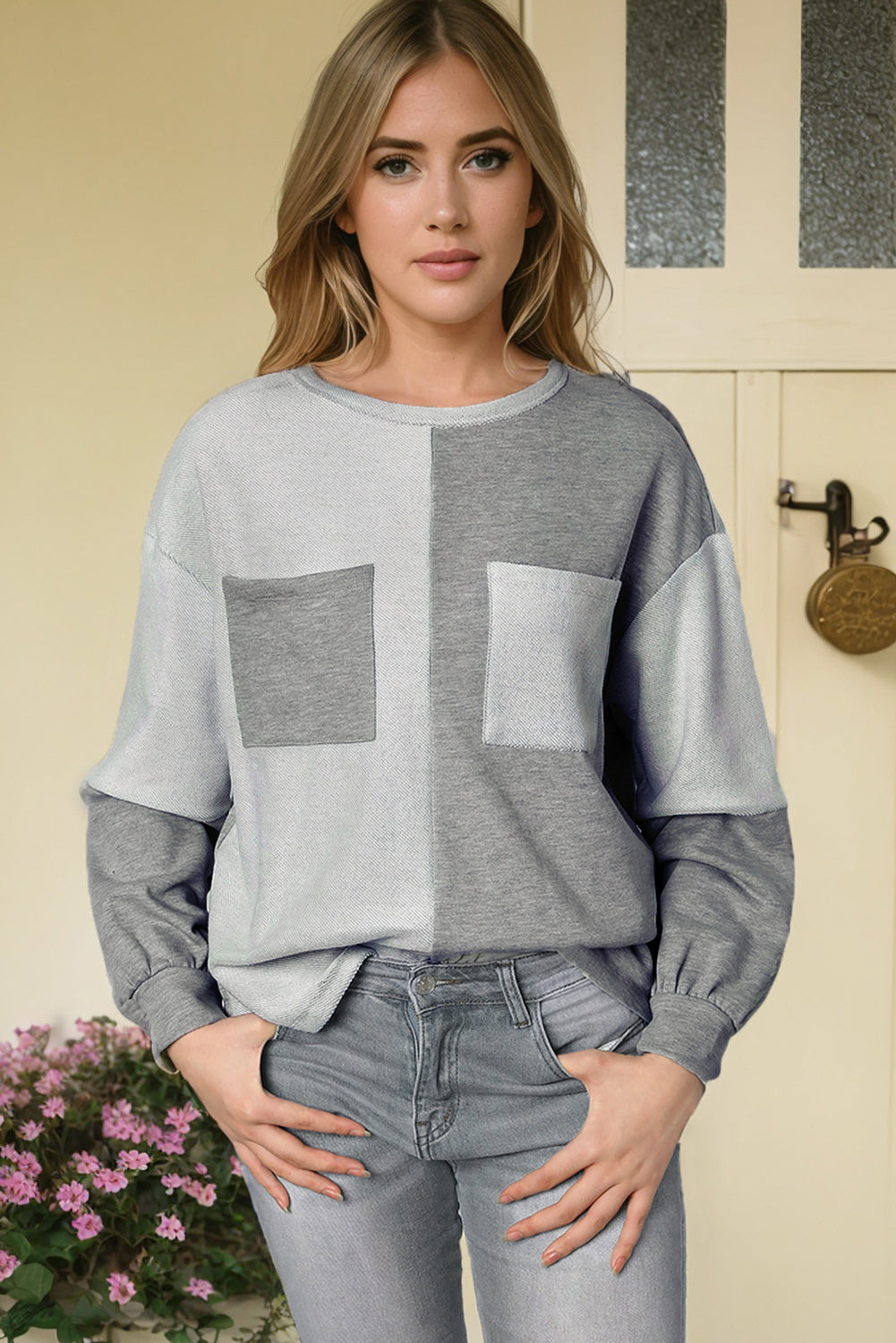 Contrast Patchwork Double Chest Pocket Top | Gray