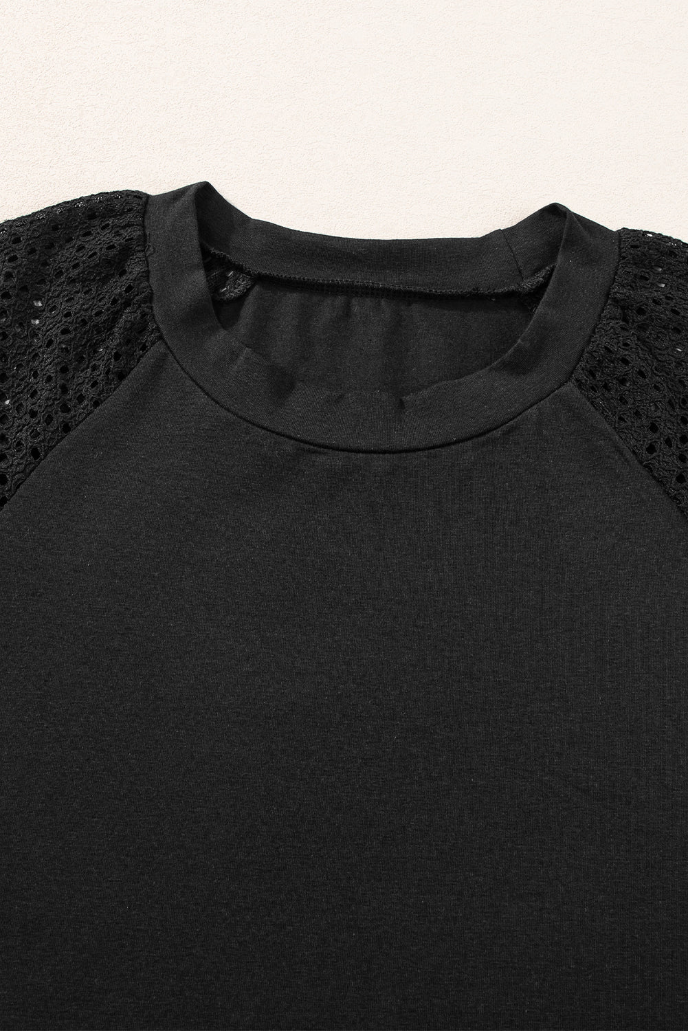 Pointelle Lace Half Sleeve Crew Neck Tee | Black