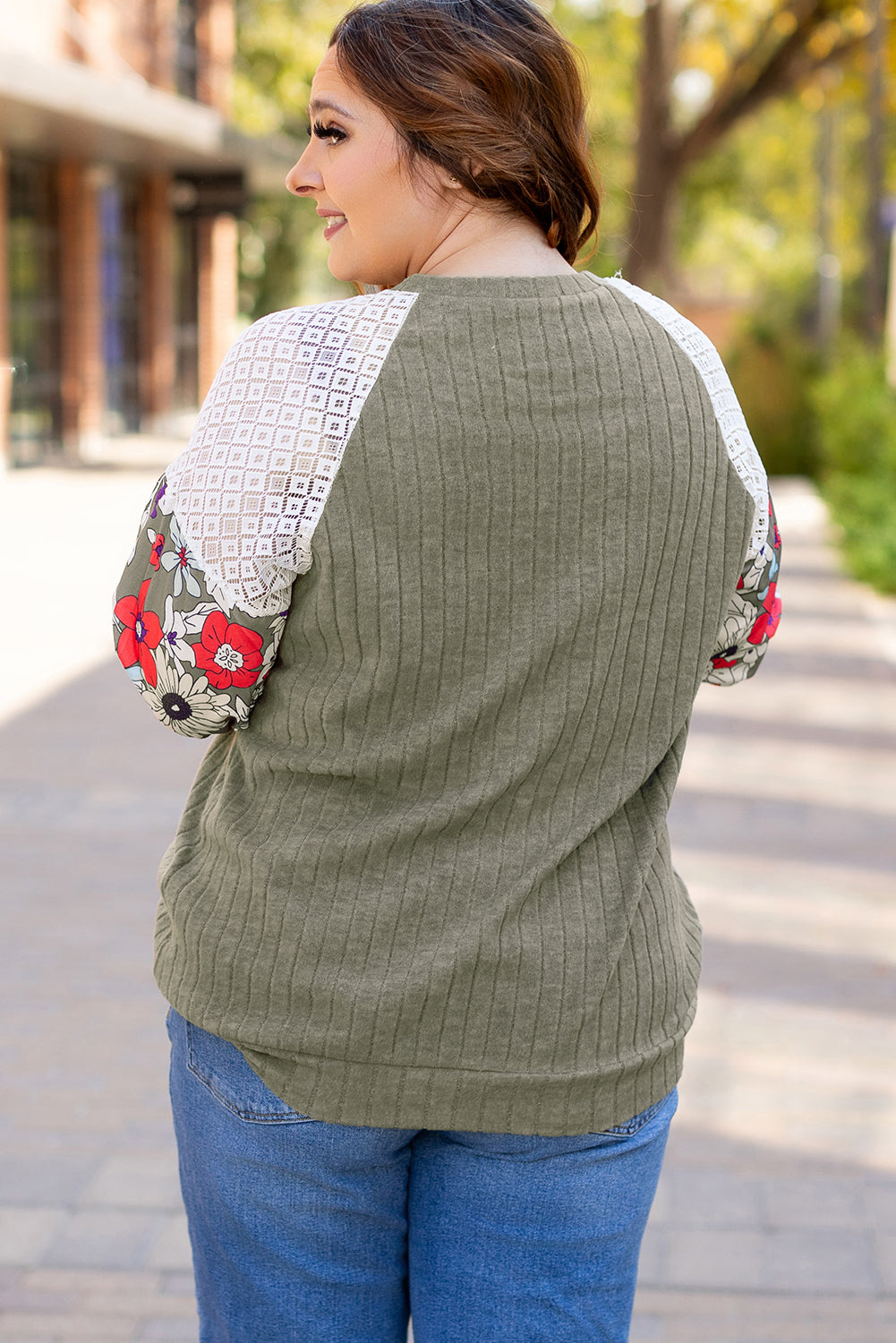 Plus Size Textured Floral Patchwork Raglan Sleeve Blouse | Vineyard Green