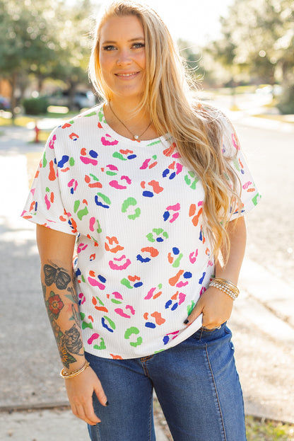 Multicolour Leopard Print Textured Plus Size T Shirt | White