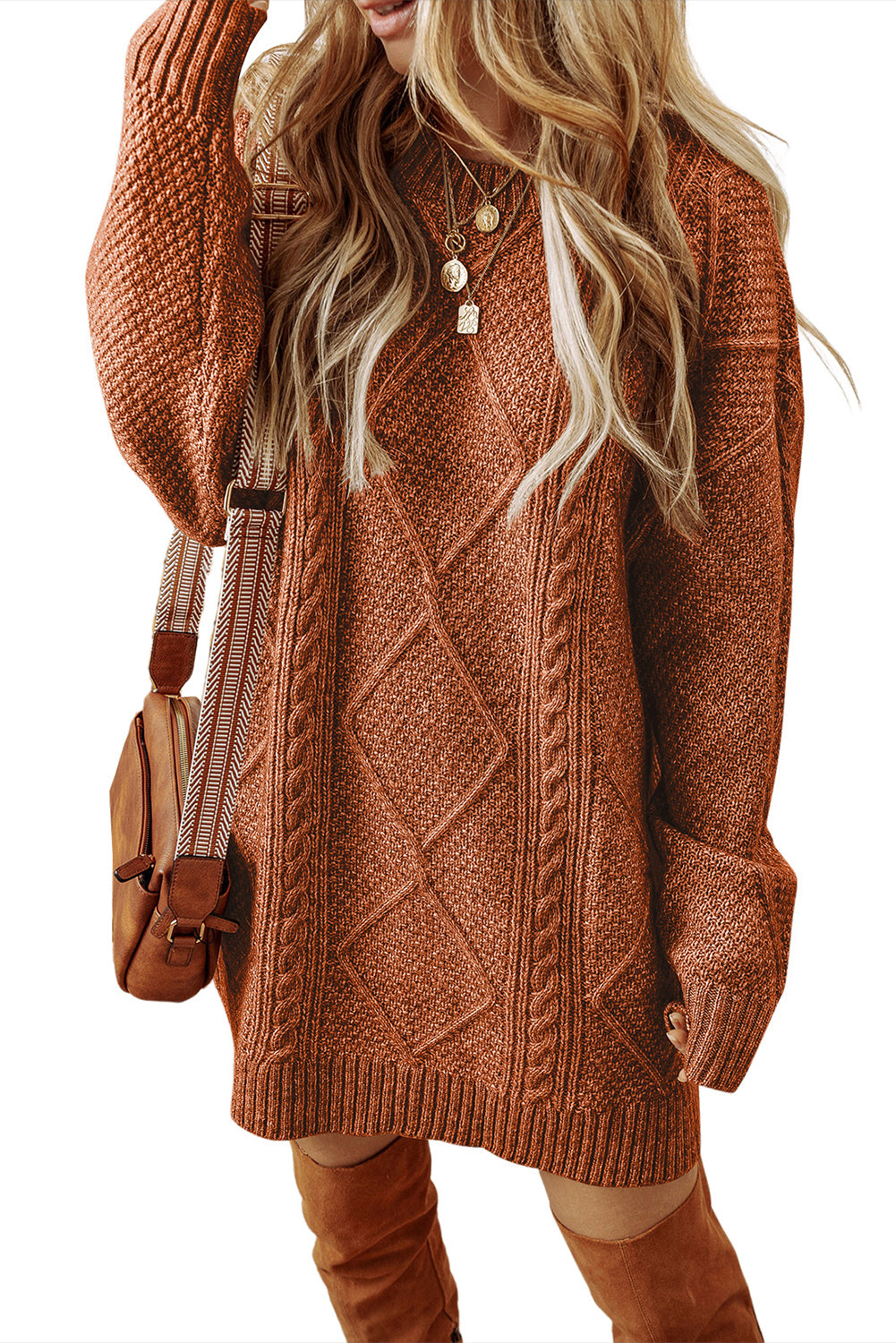 Cable Knit Drop Shoulder Loose Fit Sweater Dress | Coffee