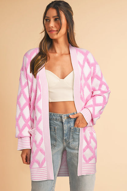 Rhombus Pattern Knit Open Front Pocketed Cardigans | Pink